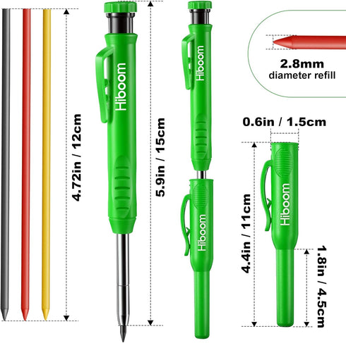 Hiboom 4 Pack Carpenter Pencils Set with 24 Refills, 2.8 mm Mechanical Carpenter Pencil Built in Sharpener Woodworking Marking Tool Solid Long Nos...