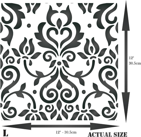 Damask Tile Stencil, 12 x 12 inch (L) - Reusable Victorian Wall Floor Furniture Stencils for Painting Template...
