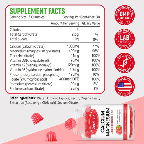 Sugar Free Calcium Gummies for Women Men, Calcium Magnesium Zinc with Vitamin D3 & K2, Calcium Magnesium Supplement for Bones Muscles and Joints, ...