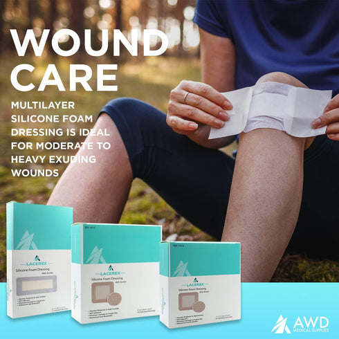 AWD Medical Bordered Silicone Foam Dressing - Waterproof Bedsore Silicone Bandages - Absorbent, Wound Dressing First Aid Bandage for Wound Care - ...