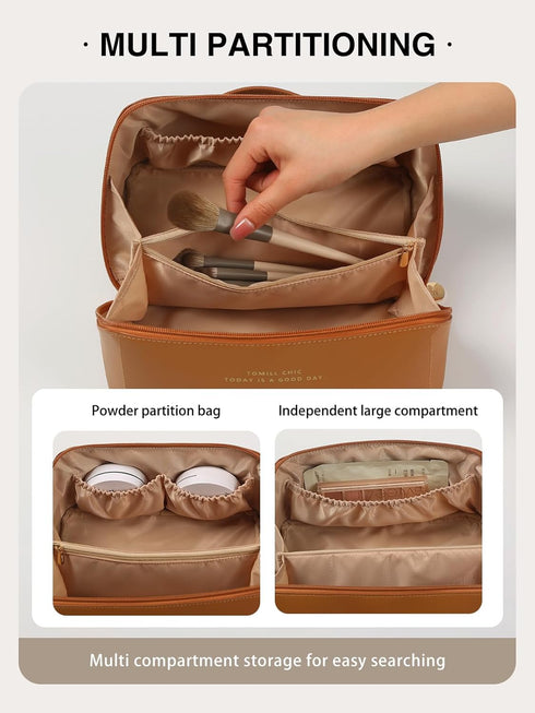 Travel Makeup Bag, Large Capacity Travel Cosmetic Bag for Women, Portable Cosmetic Pouch PU Leather Waterproof Open Flat Travel Toiletry Bag Make ...