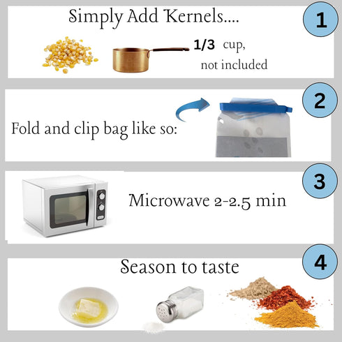 Disposable Microwave Popcorn Bags and Clip. Easy, healthy snack makers. Simply add Kernels. Easy, Healthy Snacks, in 2 minutes. 30 PACK...