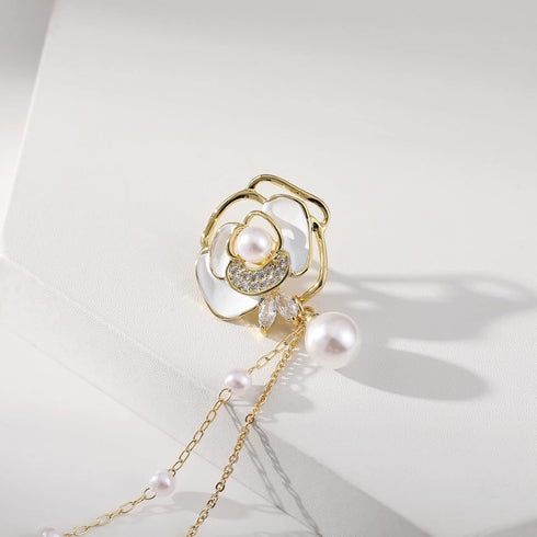 Golden Flower Pearl Brooch Pins for Women Chain Butterfly Cameo Copper Lapel Brooch Pins...