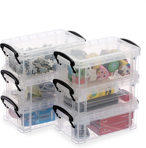 BTSKY 6 Pack Small Clear Plastic Storage Box with Lid Mini Sewing Box Organizer with Black Latch Stackable Craft Storage Containers Small Organize...