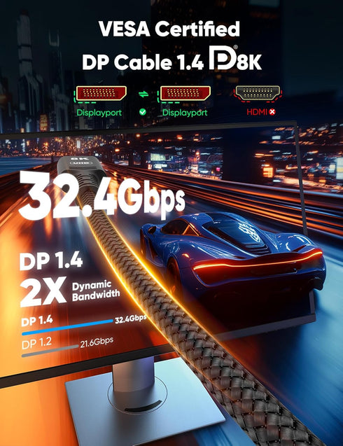 Capshi 8K 4K DisplayPort Cable 1.4, 3.3FT DP Cord (VESA Certified, 8K@60Hz, 4K@144Hz, 2K@240Hz/165Hz), 32.4Gbps High Speed Display Port Cable for ...