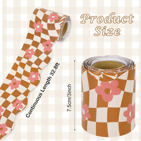 Whaline 98.4ft Retro Groovy Bulletin Board Borders Pink Brown Checkered Flower Die-Cut Rolled Bulletin Board Trim for School Classroom Office Chal...