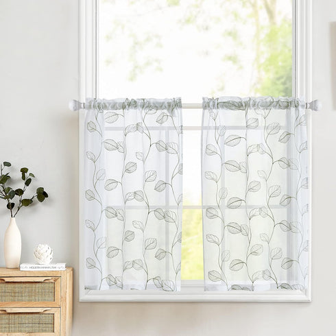 Topick White Sage Green Leaf Embroidered Cafe Curtains Semi Sheer Short Half Window RV Camper Tier Farmhouse Door Bathroom Basement Curtains 24 In...