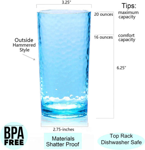 KX-WARE 20-ounce Acrylic Glasses Plastic Tumbler, set of 6 Multicolor - Hammered Style, Dishwasher Safe, BPA Free...