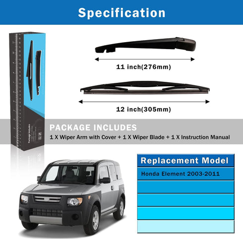 WTI Rear Wiper Arm Blade Set Compatible With Honda Element 2003-2011 DX EX Mode Rear Windshield Window Wiper Kits Assembly New Replacement Accesso...