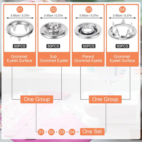 KIKOOD 60 Sets 9.5mm Snaps Buttons Fastener Metal Silver Open-Ring Cap Gripper Grip Stain Steel Prong No-Sew Button Studs for DIY Baby Jeans Cloth...