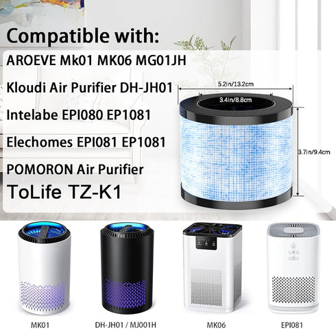 MK01 MK06 Air Filter Replacement compatible with AROEVE MK01 MK06 and ToLife TZ-K1 POMORON MJ001H EPI081/EP1081 and EPI080/EP1080 dh-jh01 replacem...