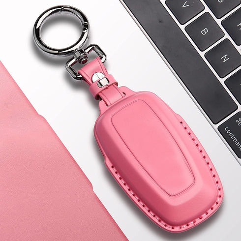 Tukellen for Ford Leather Key Fob Cover with Keychain Compatible with Ford Explorer Mustang Fusion Escape F150 F250 F350 F450 F550 Edge-Pink...