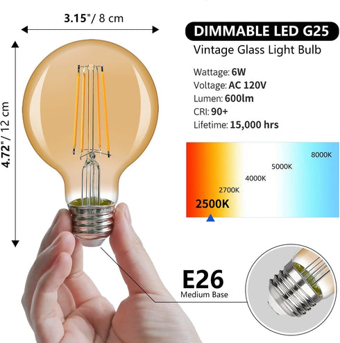 G25 LED Edison Vanity Globe Light Bulbs, LED Filament Light Bulb, 6W Equivalent to 60W, G80 Dimmable 600LM E26 Medium Base, Bathroom Vanity Mirror...
