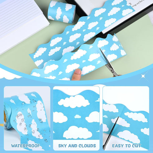 99 ft Blue Sky White Clouds Bulletin Board Borders,Scalloped Bulletin Board Trim for Blackboard Whiteboard Classroom Border Decor (3 Rolls)...