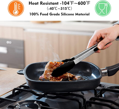 HOTEC Premium Stainless Steel Locking Kitchen Tongs with Silicon Tips, Set of 3-7", 9" and 12" (Black)...