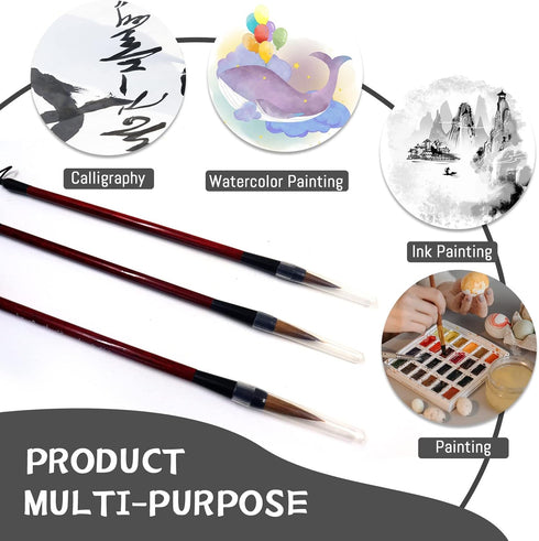 3 Sizes Chinese Calligraphy Brush Set, Kanji Sumi Drawing Brush with Resin Handle, Professional Traditional Chinese Painting Brush for Beginners S...