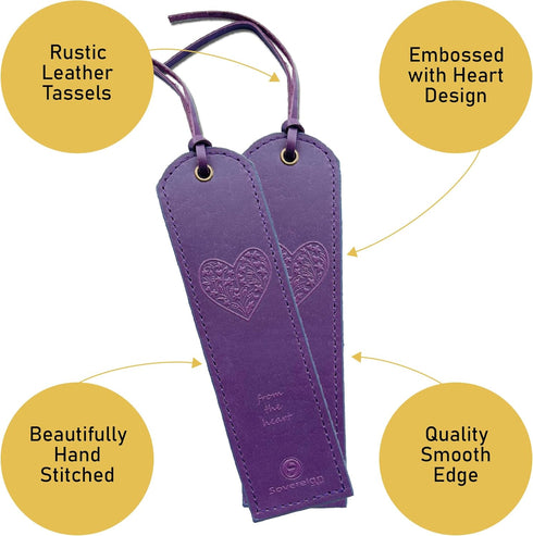 Leather Bookmark Handmade with Purple Heart Design - 2 Genuine Leather Book Marks - Unique Bookmarks for Men Women and Kids | Great Book Lover Gif...