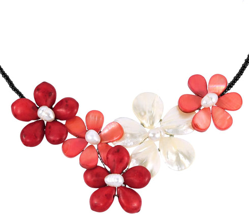 AeraVida Bold Bouquet of Reconstructed Red Coral and Shell Sakura Floral Choker Wrap Necklace...
