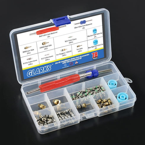 Glarks 78Pcs Car Air Conditioner Valve Core Schrader Valve Cores Accessories A/C R12 R134a Refrigeration Tire Valve Stem with Double Head Remover ...