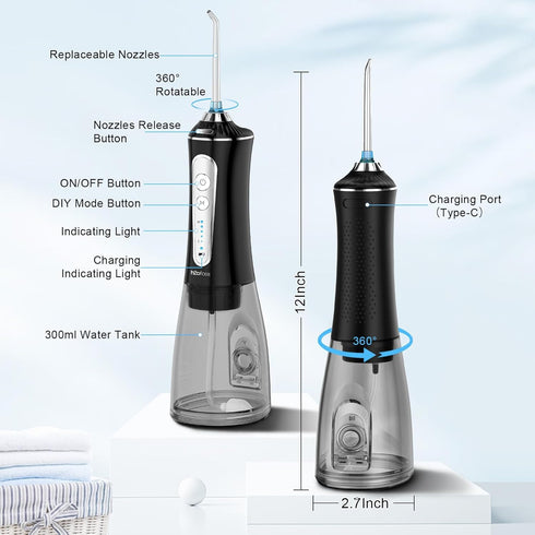 H2ofloss Water Dental Flosser for Teeth Cleaning,Cordless Water Teeth Cleaner Picks,Portable & Rechargeable Oral Irrigator with 5 Modes,IPX7 Water...