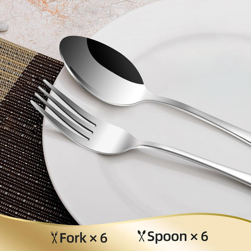 12 Pieces Spoons and Forks Set,Food Grade Stainless Steel Flatware Cutlery Set,6 Forks(6.8 inch) and 6 Spoons(6.6inch) Silverware Set for Home,Kit...