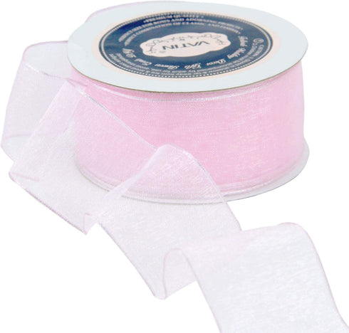 VATIN Light Pink Organza Wired Ribbon, 1-1/2" Pink Sheer Ribbon with Metallic Edge for Christmas Tree Decoration Gift Wrapping Wedding Crafts -25 ...