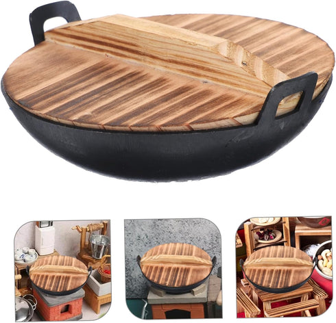 Alipis 1 Set Mini Amphora Wok Household Work Wrought Iron Wooden Cover...