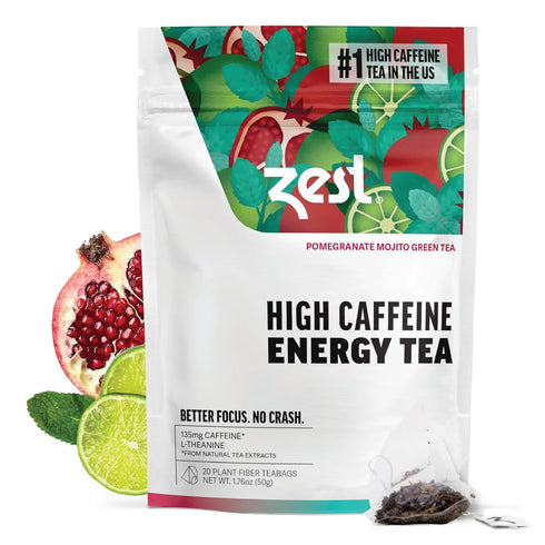Zest 135mg High Caffeine Energy Leaf Blend - Pomegranate Mojito Green Tea - 20 Pack Bag - All Natural Strong Flavored Healthy Coffee Alternative H...