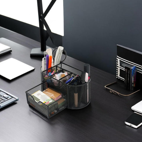 Desk Organizers and Accessories with Pencil Pen Holder Supply 8 Compartments and 1 Pullout Drawer for Home, School, and Office. (Black)...