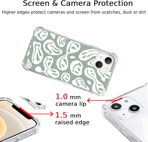 Aesthetic Sage Green Trippy Smile Face Case Compatible with iPhone 14 Plus, Cute Pastel Smile Face Case for iPhone 14 Plus for Teens Women Men, Tr...