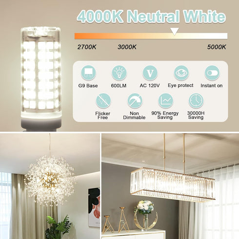 comzler G9 LED Bulb 4000K Natural Daylight, 6W 60 Watt Halogen Equivalent G9 LED Bulb Bi Pin Ceramic Base, 600LM T4 G9 Light Bulbs for Chandeliers...