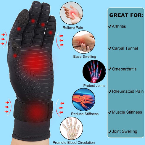 Copper Arthritis Gloves with Adjustable Wrist Strap for Women Men, Full Finger Compression Gloves for Arthritis, Carpal Tunnel, Pain Relief, Swell...