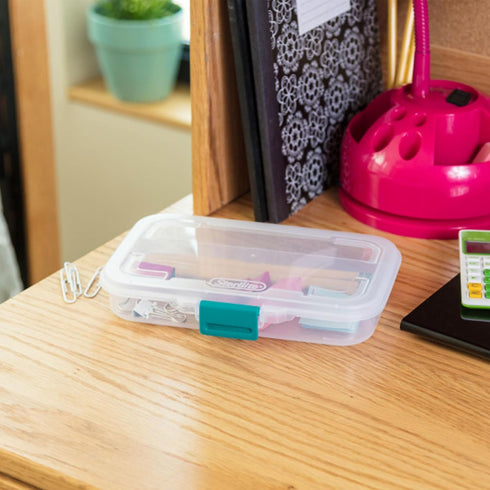 Sterilite Small Divided Pencil Box, Stackable Plastic Small Storage Container with Latching Lid, Organize Pens and Small Items, Clear Case, 12 Pac...