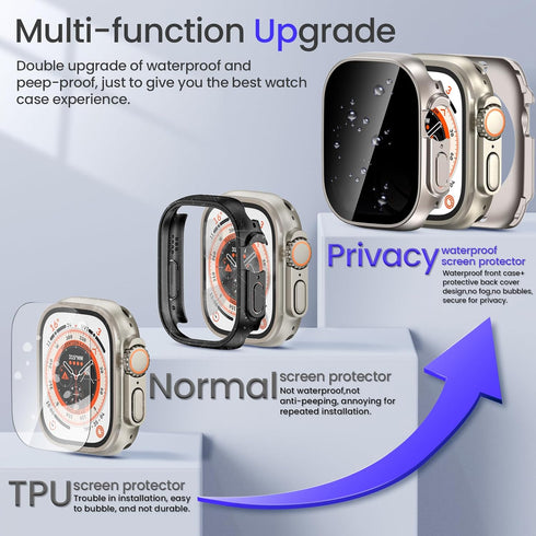 Goton 2 in 1 Privacy Waterproof Case for Apple Watch Ultra/Ultra 2 Screen Protector 49mm, Front Anti Spy Tempered Glass Face Cover + Back Bumper f...
