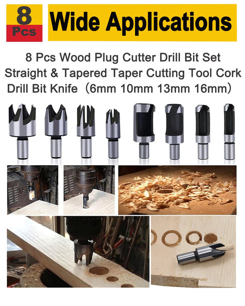 Rocaris 8pcs Wood Plug Cutter Drill Bit Set Straight and Tapered Taper Cutting Tool Cork Drill Bit Knife 6mm 10mm 13mm 16mm...