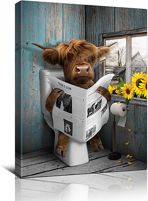 RAMEFLAO Highland Cow Bathroom Decor Funny Bathroom Wall Art Farmhouse Cow In The Toilet Picture Rustic Cow Bathroom Canvas Painting Home Wall Dec...