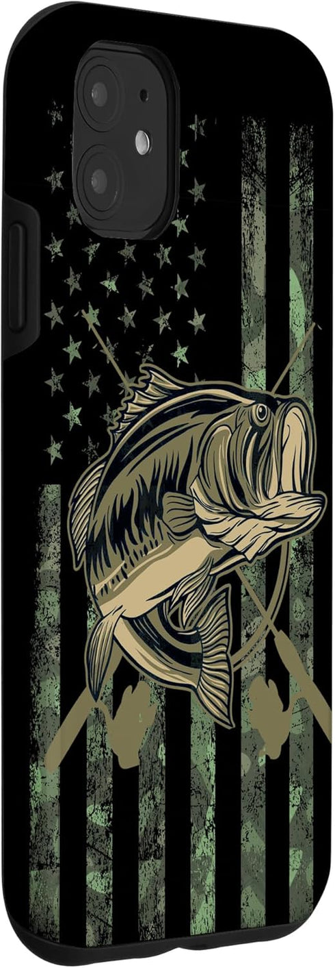 Camo American Flag Bass Fishing Gift Love Fishing Fisherman Case for iPhone 11...