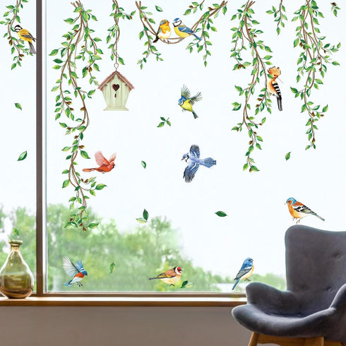 decalmile Spring Summer Hanging Green Vine Double Sided Window Clings Birds Tree Leaves Window Decals Anti-Collision Glass Window Doors Window Sti...