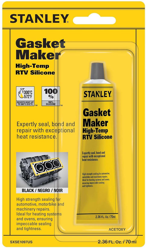 Stanley High-Temp RTV Silicone Gasket Maker -1x2.36 fl.oz. Black, Oil, Vibration and Heat Resistant Black Silicone Sealant for Automotive Valve Co...