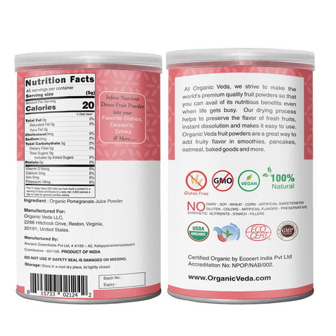 Organic Veda Pomegranate Juice Powder - Pomegranate Extract Rich in Vitamin C, Folate & Potassium - Concentrate for Salad, Yogurt, Ice Cream - Veg...