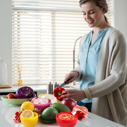 Vegetable and Fruit Storage Containers for Fridge, 4 Pcs BPA Free Reusable Food Saver - Tomato, Avocado, Onion, Lemon Keeper Holder - Refrigerator...