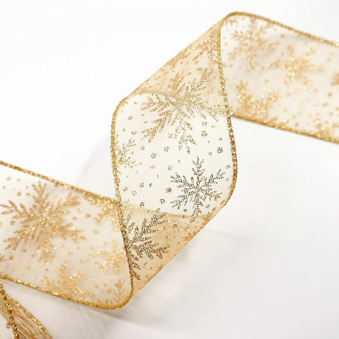 CT CRAFT LLC Organza with Gold Glitter Snowflakes Wired Ribbon 2.5 inch x 50 Yards for Christmas Home Decor Tree Topper Bow Gift Wrapping DIY Craf...