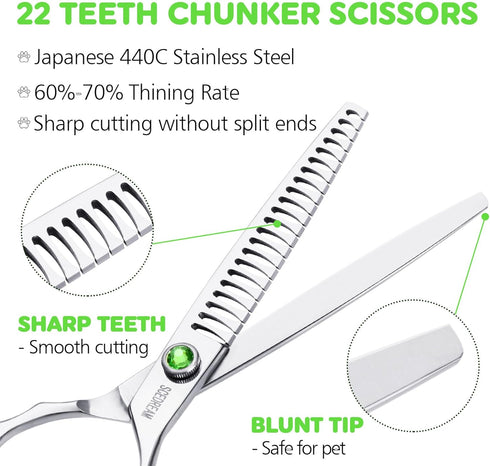 Dog Grooming Scissors 7.4" Thining Chunkers Shears Professional 440C Stainless Steel Pet Grooming Scissors with Offset Handle and Jewelled Screw, ...