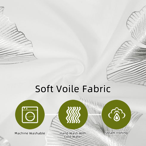 Silver Foil Print Voile Sheer Curtains, Leaves Grommet Top Window Drapes 72 Inches Long, Luxury Metallic Bronzing Treatment Panels for Home Window...