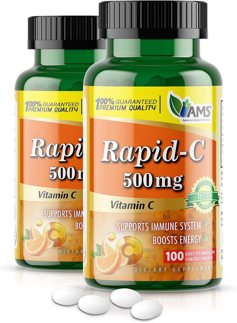 America Medic & Science Rapid-C 500mg Vitamin C Supplement (2 Pack of 100 Tablets) Energy Booster, Daily Immune System Support, Antioxidant | Vega...