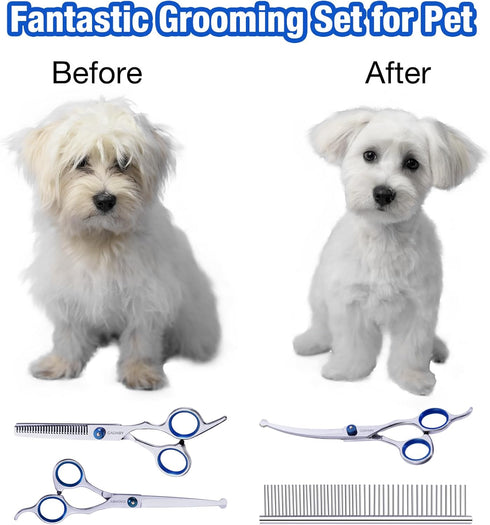 Dog Grooming Scissors with Safety Round Tips,5 in 1 Dog Grooming Scissors Kit, 4CR Stainless Steel Professional Pet Grooming Shears for Dog, Cat,S...