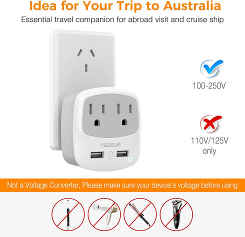 TESSAN New Zealand Australia Plug Adapter, Type I Travel Adaptor with 2 USB Ports 2 American Outlets, US to Australian AU Fiji Argentina China Cha...