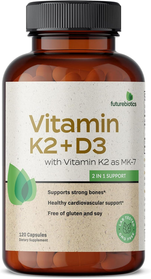 Futurebiotics Vitamin K2 (MK7) with D3 Supplement - Non-GMO Formula - 5000 IU Vitamin D3 & 90 mcg Vitamin K2 MK-7, 120 Vegetarian Capsules...