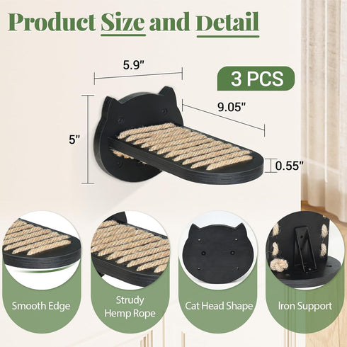 3 Pcs Cat Wall Shelves, Cat Wall Steps with Hemp Rope Covered, Cat Climbing Shelf Wall Mounted, Wooden Cat Stairs for Wall, Cat Wall Furniture for...