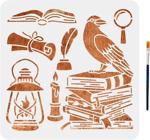 Crow Book Stencils Raven Stencil Feather Pen Magnifying Glass Kerosene Lamp Candle Pattern 11.8×11.8inch with Paint Brush for Wood Furniture Wall ...